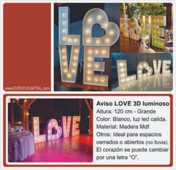 alquiler de aviso letras LOVE madera mdf con luz led - letras gigantes para fiestas y eventos en Bogotá - ver precios y fotos de alquiler económico para fiestas y eventos -letras en madera con luz led para bodas novios love amor