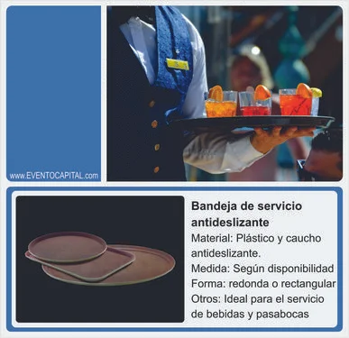 Alquilar bandeja para mesero - charol de servicio para fiestas y eventos en Bogotá - ver precios y fotos de alquileres económico para fiestas y eventos