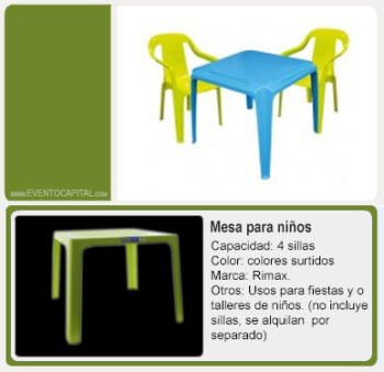 Alquilar Mesas para niños 4 puestos - mesas plasticas infantiles para fiestas y eventos en Bogotá - ver precios y fotos de alquileres económico para fiestas y eventos