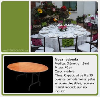 Alquilar Mesas redondas para 10 u 8 puestos - mesas redondas plegables para fiestas y eventos en Bogotá - ver precios y fotos de alquileres económico para fiestas y eventos