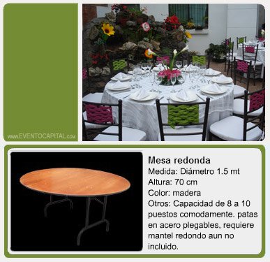 Alquilar Mesas redondas para 10 u 8 puestos - mesas redondas plegables para fiestas y eventos en Bogotá - ver precios y fotos de alquileres económico para fiestas y eventos