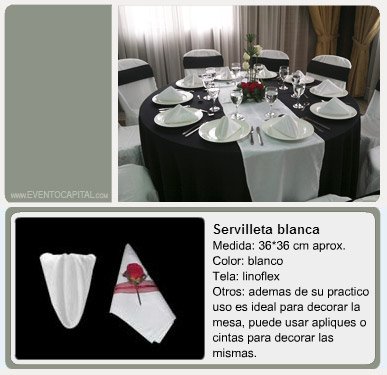 Alquilar Servilletas de tela blanca - mantelería para fiestas y eventos en Bogotá - ver precios y fotos de alquileres económico para fiestas y eventos