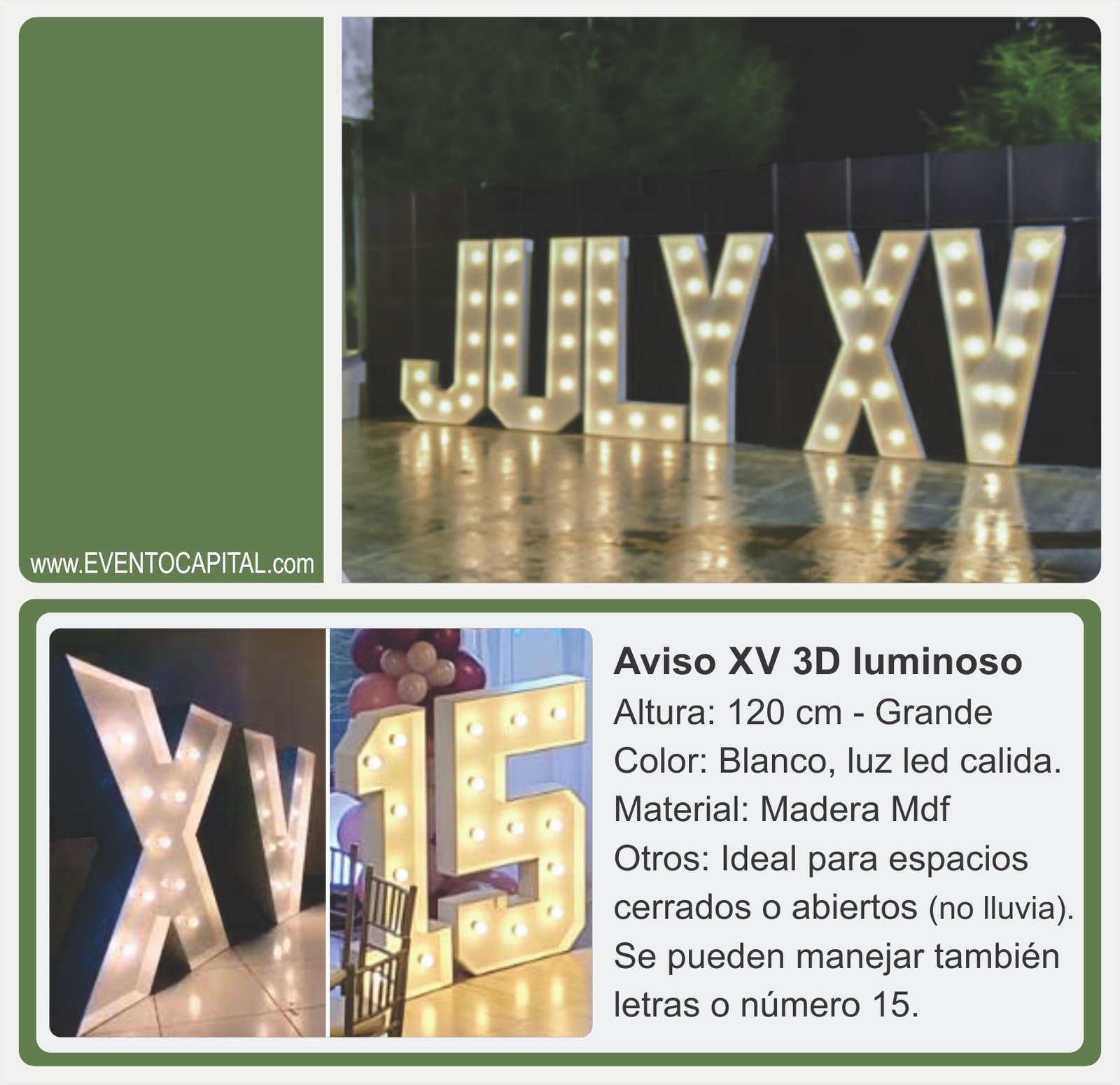 Alquilar letras aviso número romano XV y 15 en madera led mdf con luz led - letras gigantes para fiestas y eventos en Bogotá - ver precios y fotos de alquileres económico para fiestas y eventos -letras en madera con luz led para decorar quince años
