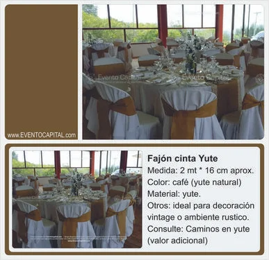 Alquilar Fajon yute - cinta moño en yuta para sillas para fiestas y eventos en Bogotá - ver precios y fotos de alquileres económico para fiestas y eventos